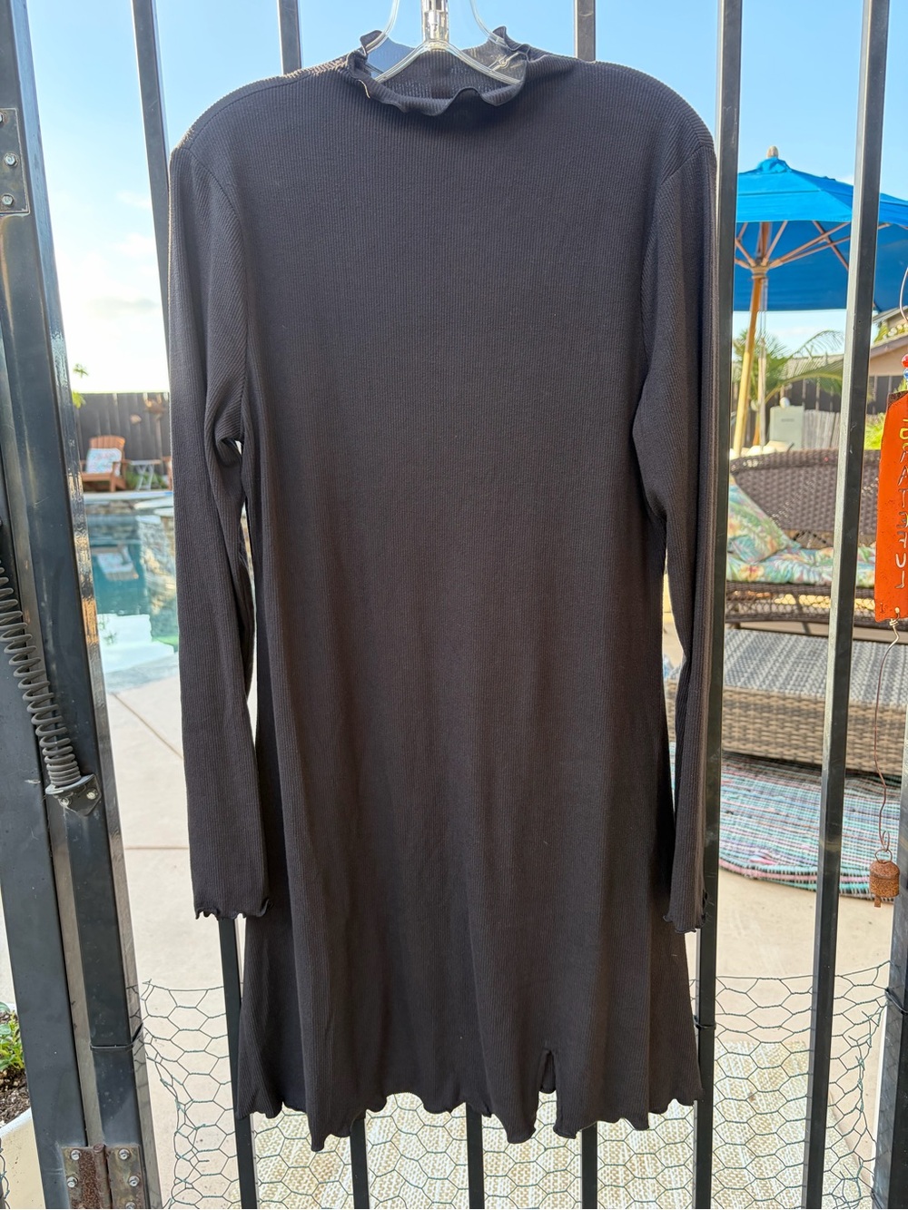 SO Black Long Sleeve Ribbed Midi Dress with Lettuce Hem